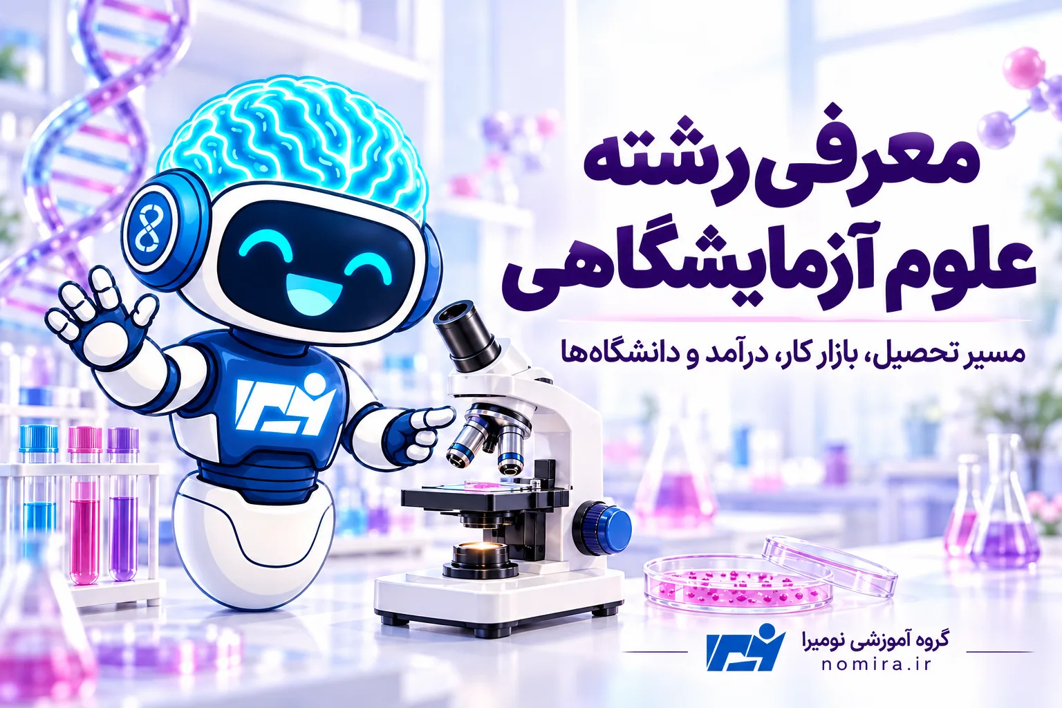 معرفی رشته علوم آزمایشگاهی با ربات نومیرا در کنار میکروسکوپ و تجهیزات آزمایشگاهی.