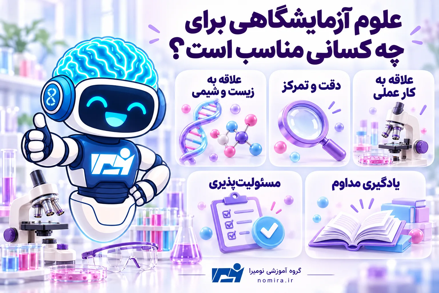 ویژگی‌های مناسب برای رشته علوم آزمایشگاهی؛ علاقه به زیست و شیمی، دقت، کار عملی، مسئولیت‌پذیری و یادگیری مداوم.